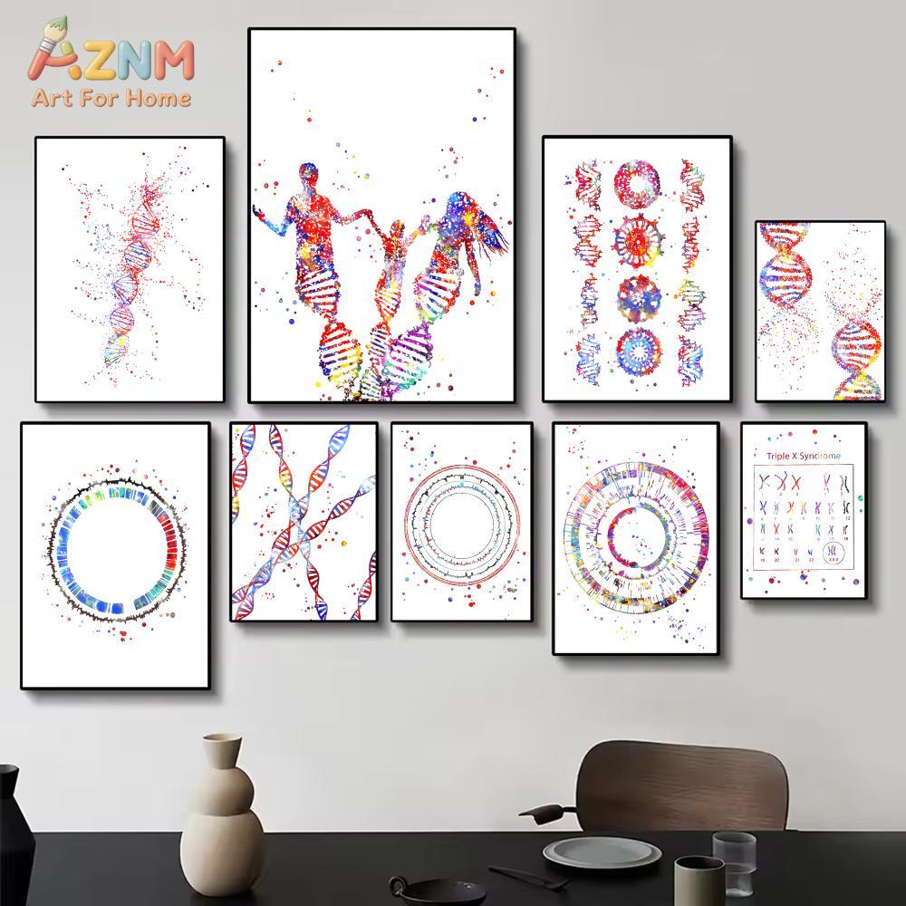 Medical Lab Posters - AZNM 다채로운 수채화 DNA 유전자 캔버스